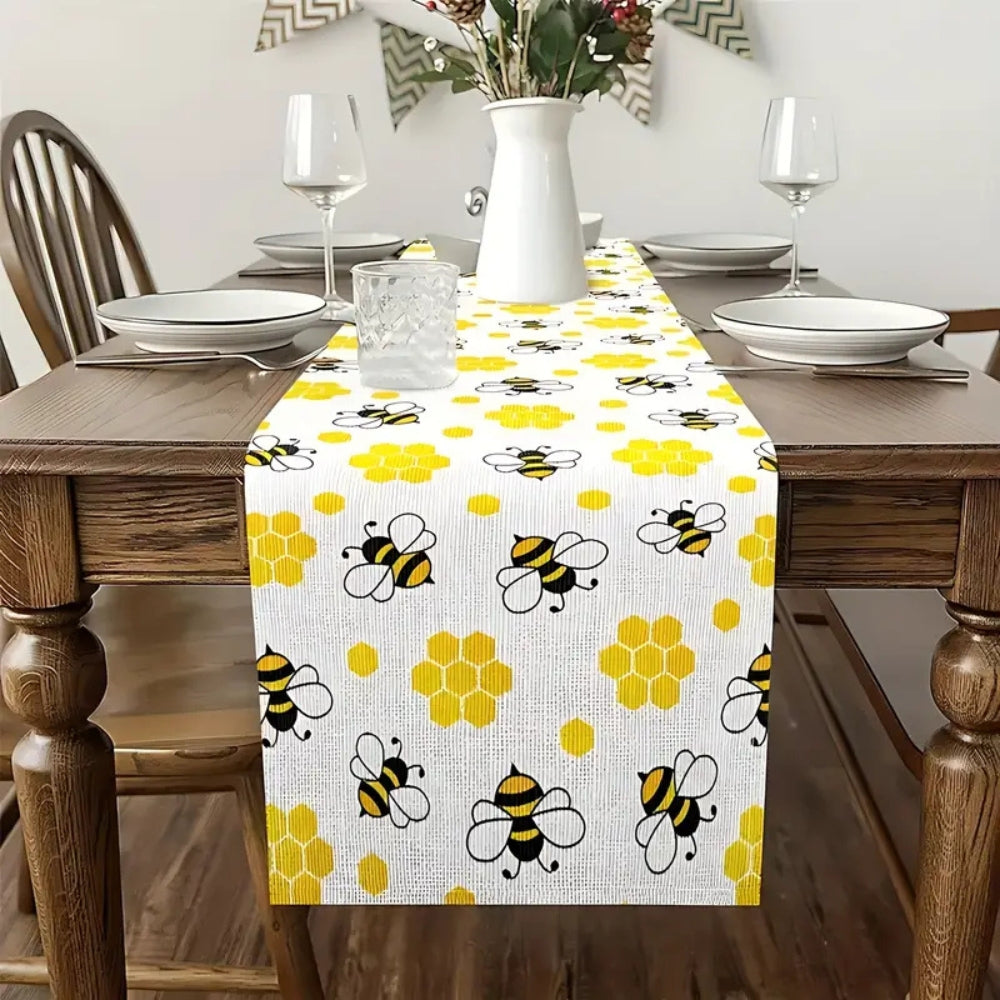 Honeycomb Print Linen Table Runner with Bee Details