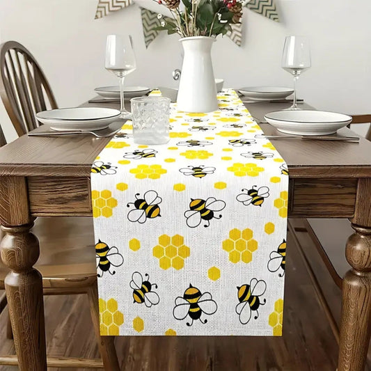 Honeycomb Print Linen Table Runner with Bee Details