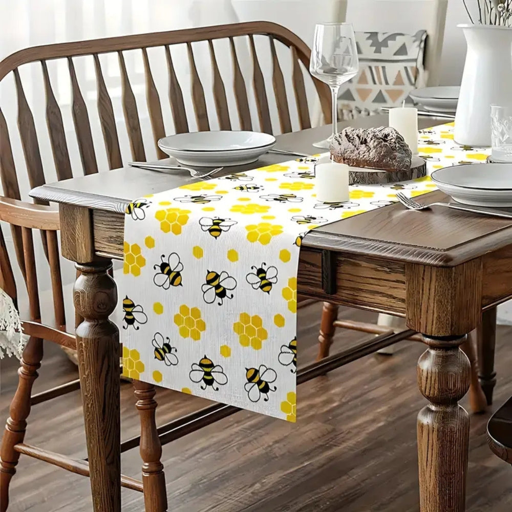 Honeycomb Print Linen Table Runner with Bee Details