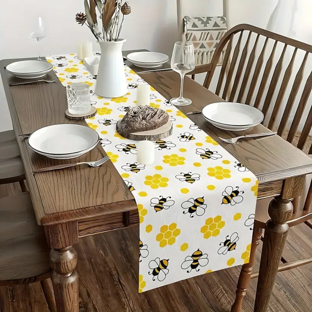 Honeycomb Print Linen Table Runner with Bee Details