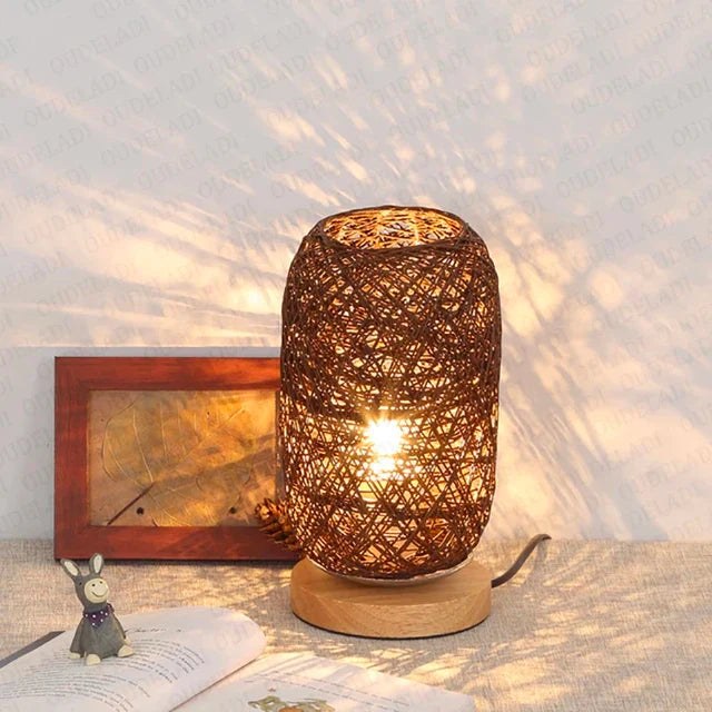 Handmade Wood and Rope LED Table Lamp - Warm White Light