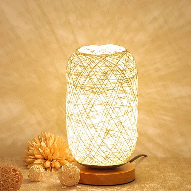 Handmade Wood and Rope LED Table Lamp - Warm White Light