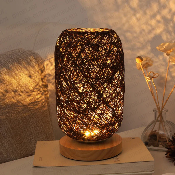 Handmade Wood and Rope LED Table Lamp - Warm White Light