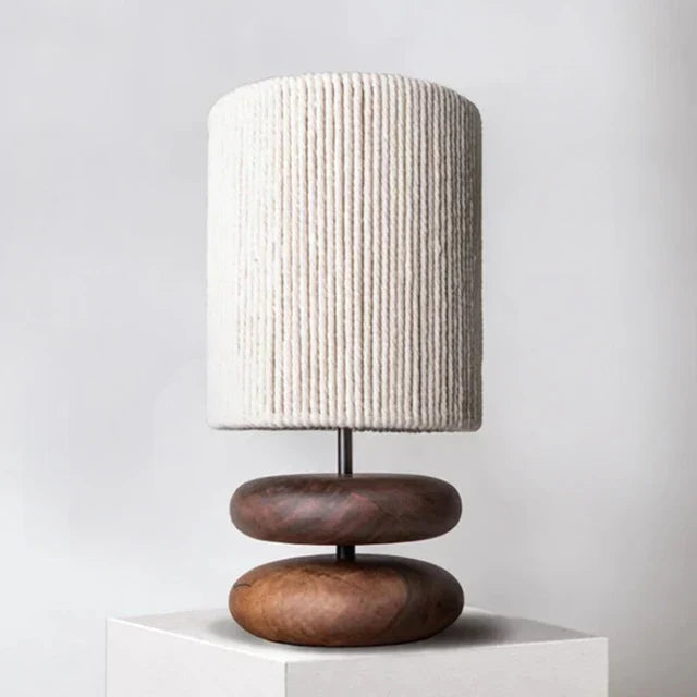 Rustic Walnut Wood Table Lamp with Linen Shade