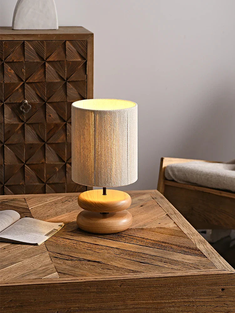 Rustic Walnut Wood Table Lamp with Linen Shade