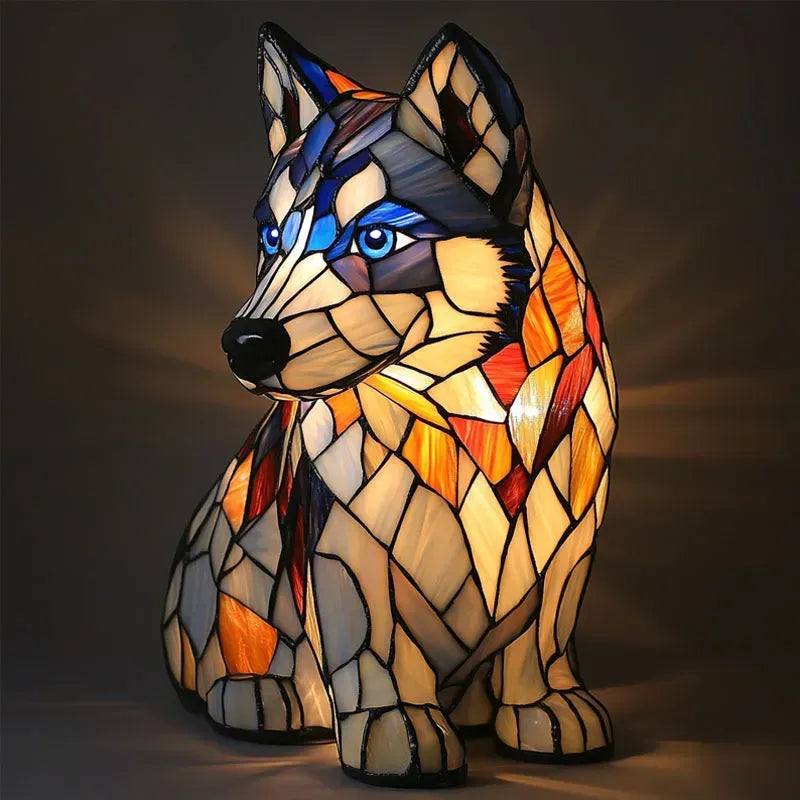 Stained Glass Dog Table Lamp with Colorful Ambient Light