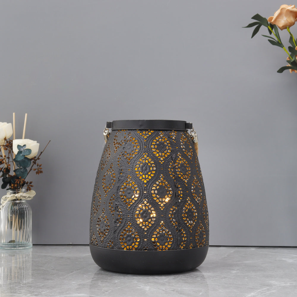 Moroccan Style Black Metal Cordless Table Lamp with Geometric Cutouts