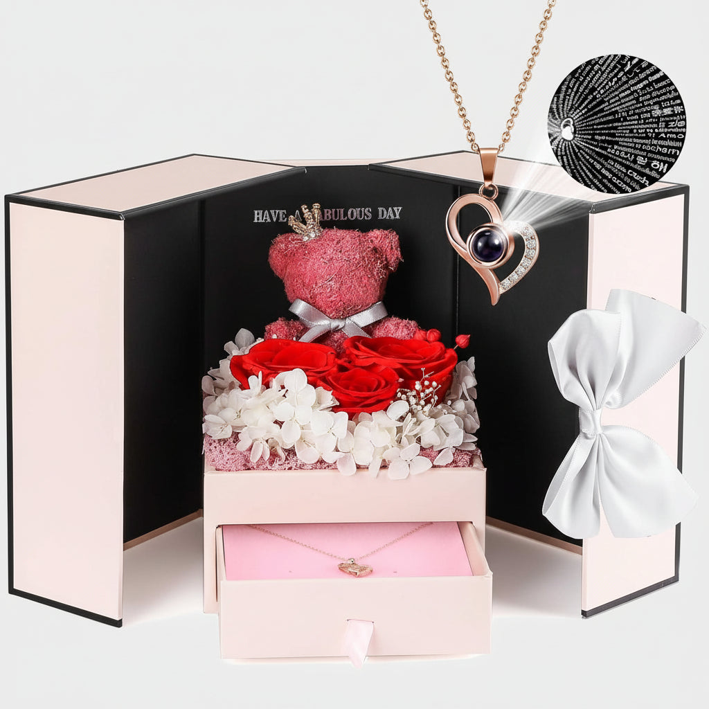 Eternal Roses with I Love You Necklace and Moss Bear Gift Set