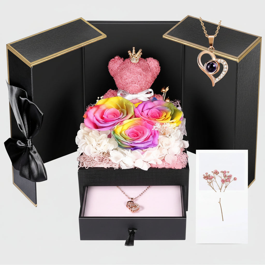 Eternal Roses with I Love You Necklace and Moss Bear Gift Set