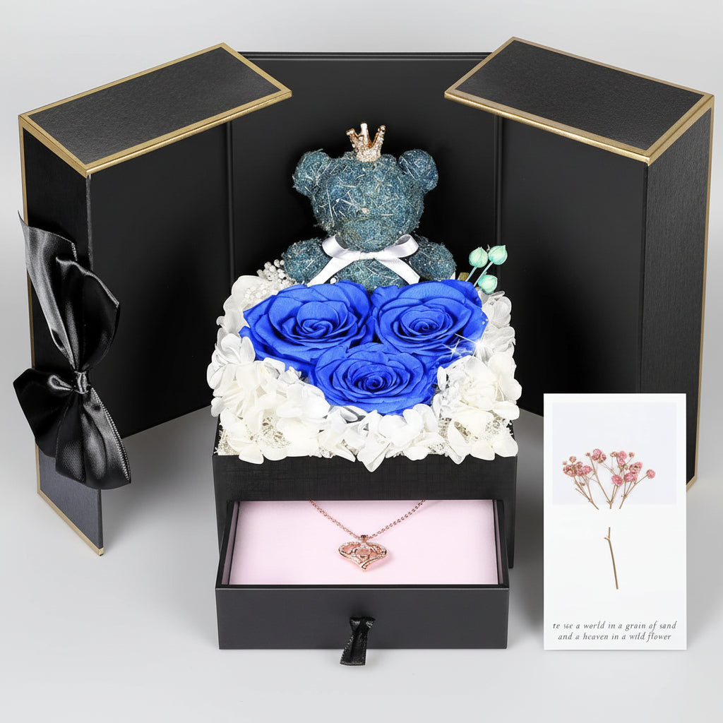 Eternal Roses with I Love You Necklace and Moss Bear Gift Set