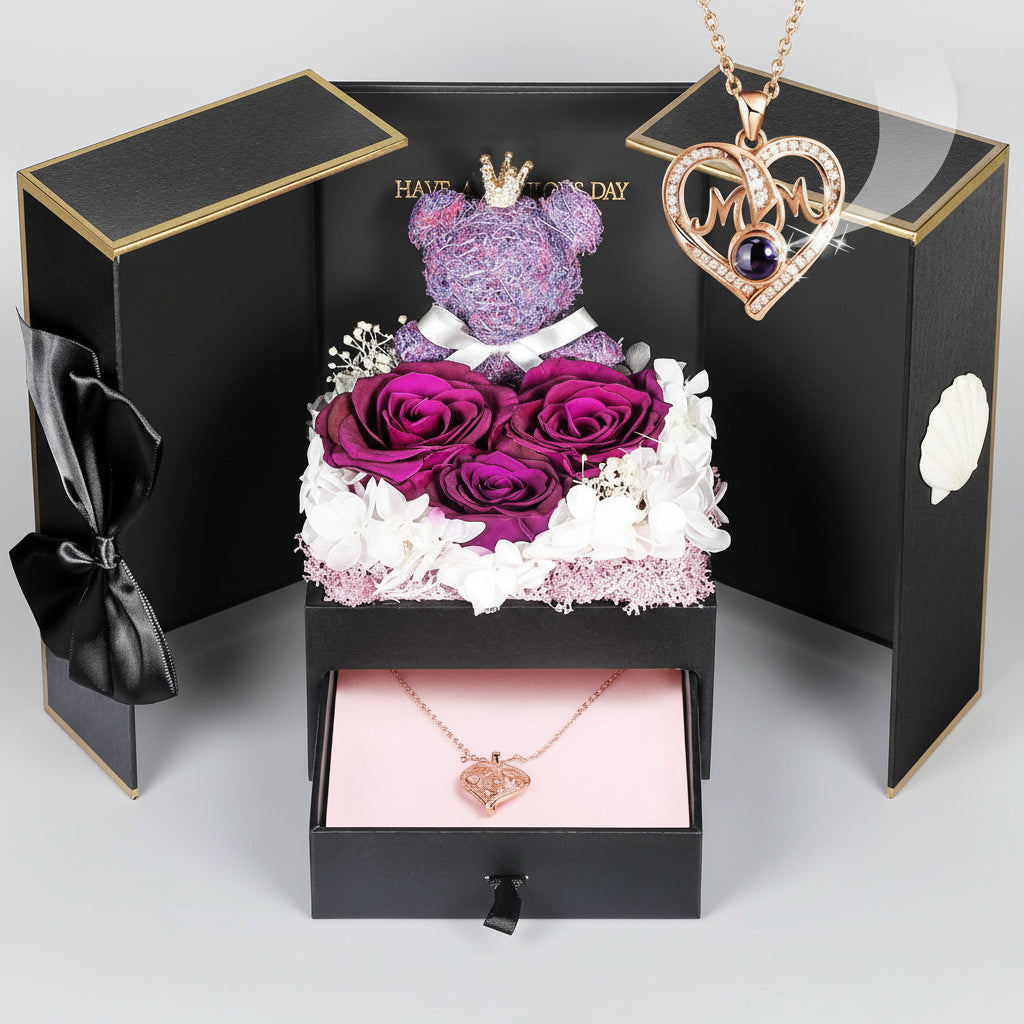 Eternal Roses with I Love You Necklace and Moss Bear Gift Set