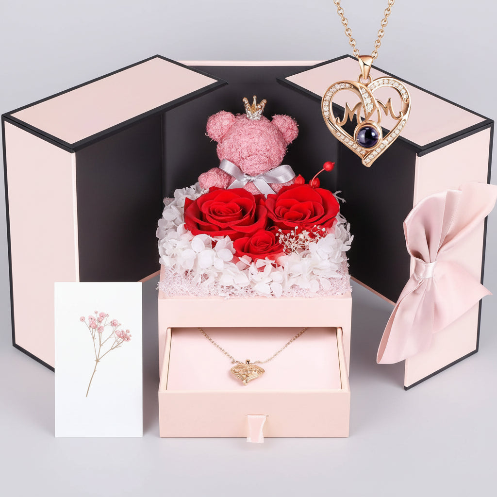 Eternal Roses with I Love You Necklace and Moss Bear Gift Set