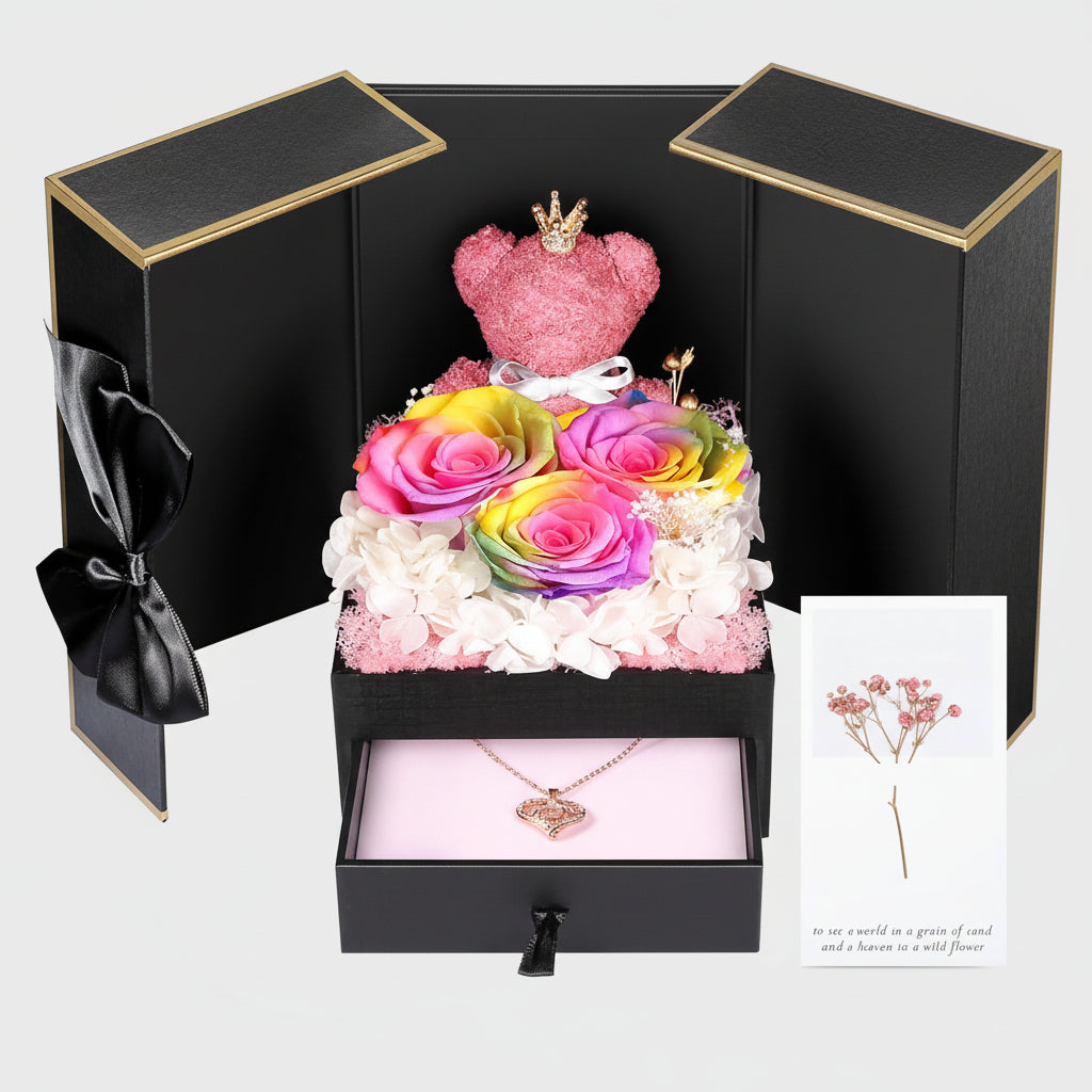 Eternal Roses with I Love You Necklace and Moss Bear Gift Set