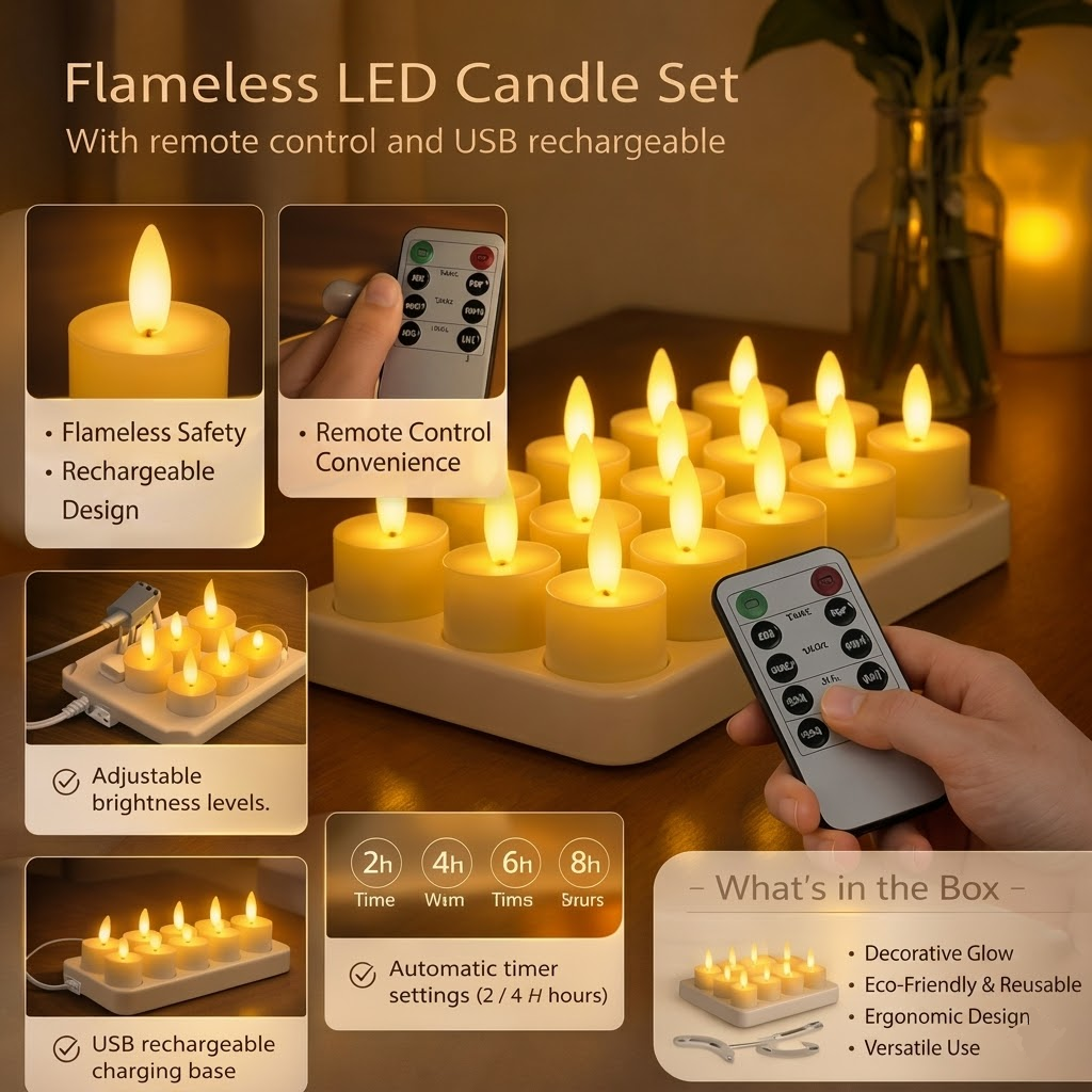 USB Rechargeable Flameless LED Candle Set with Remote Timer