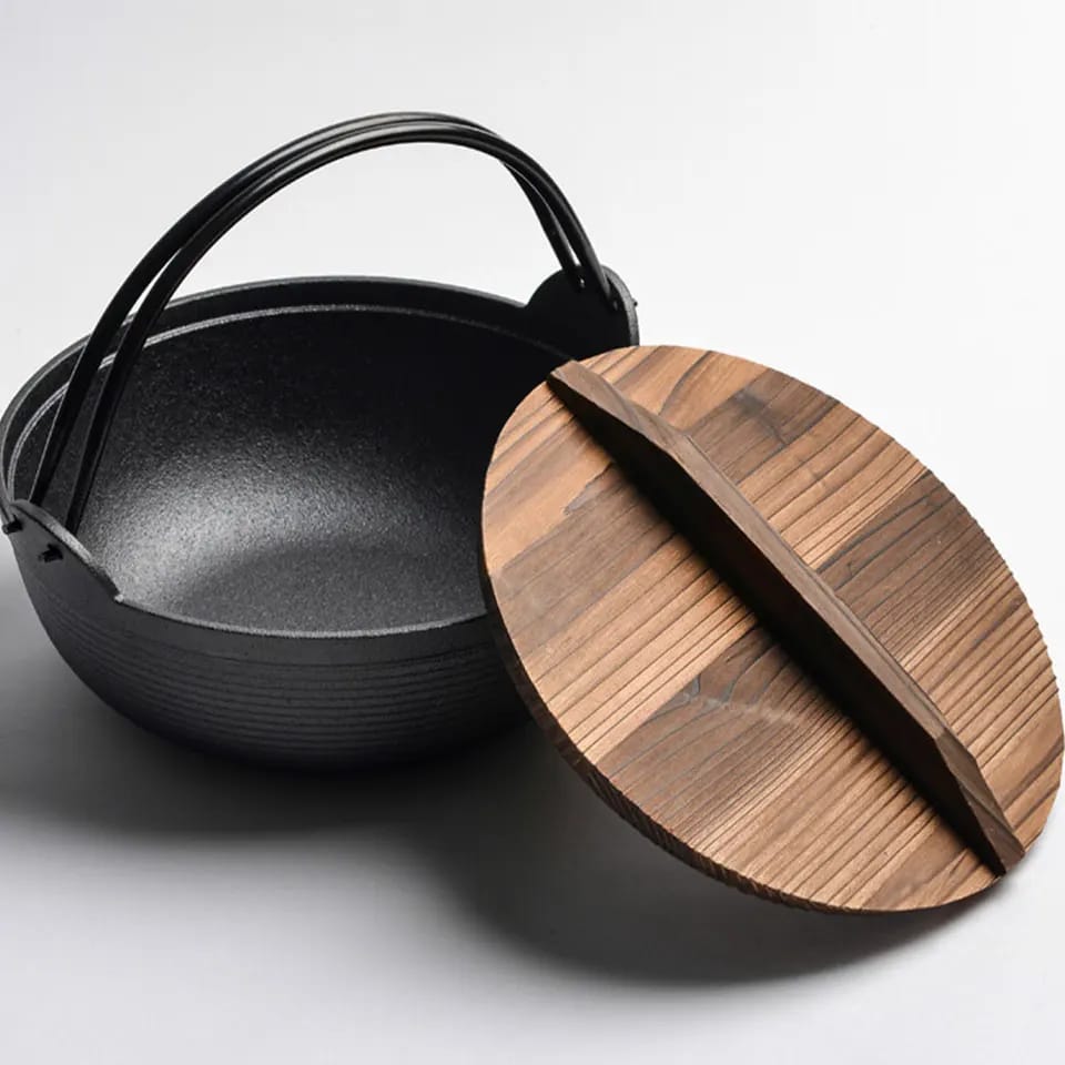 Pre-Seasoned Cast Iron Wok with Wooden Lid and Double Handles
