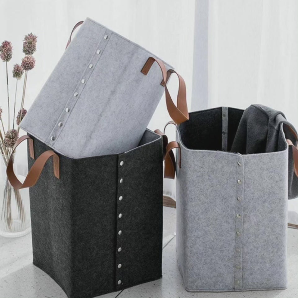 Collapsible Felt Laundry Basket with Leather Handles