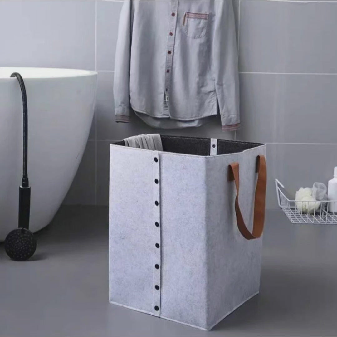 Collapsible Felt Laundry Basket with Leather Handles