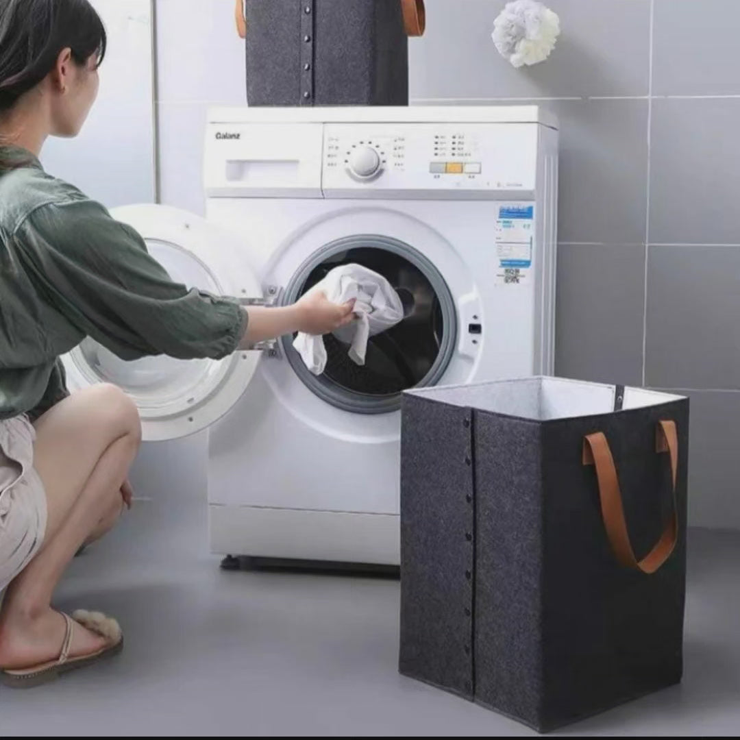 Collapsible Felt Laundry Basket with Leather Handles