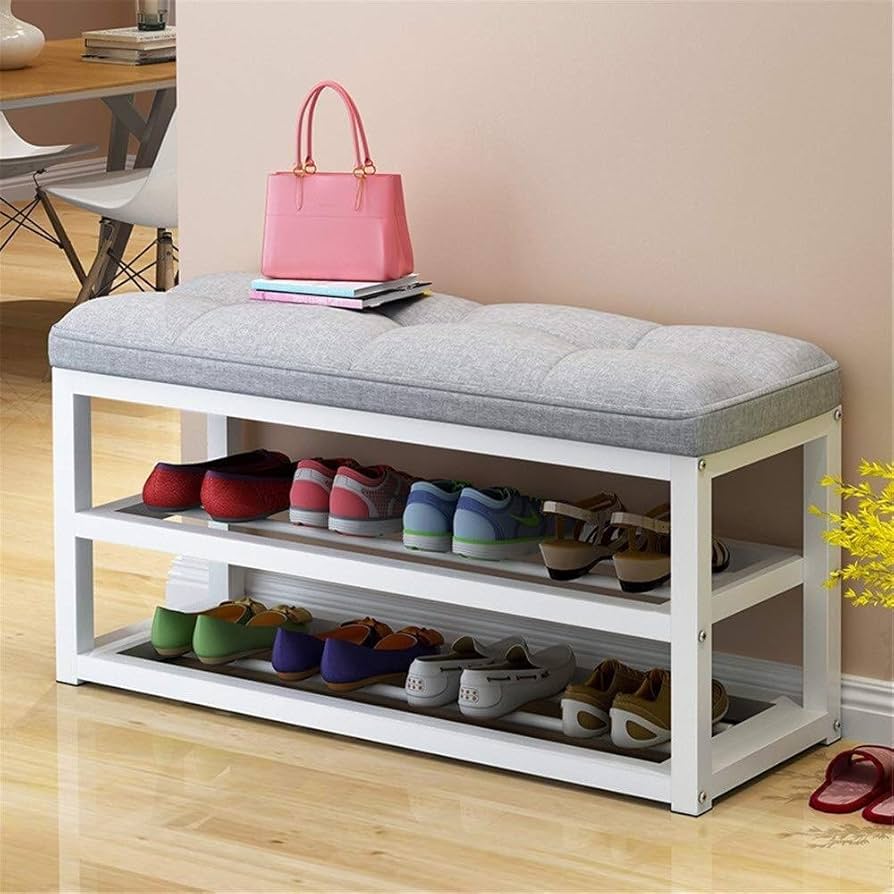 Entryway Shoe Rack Bench with Storage Seat in Blue and Gray