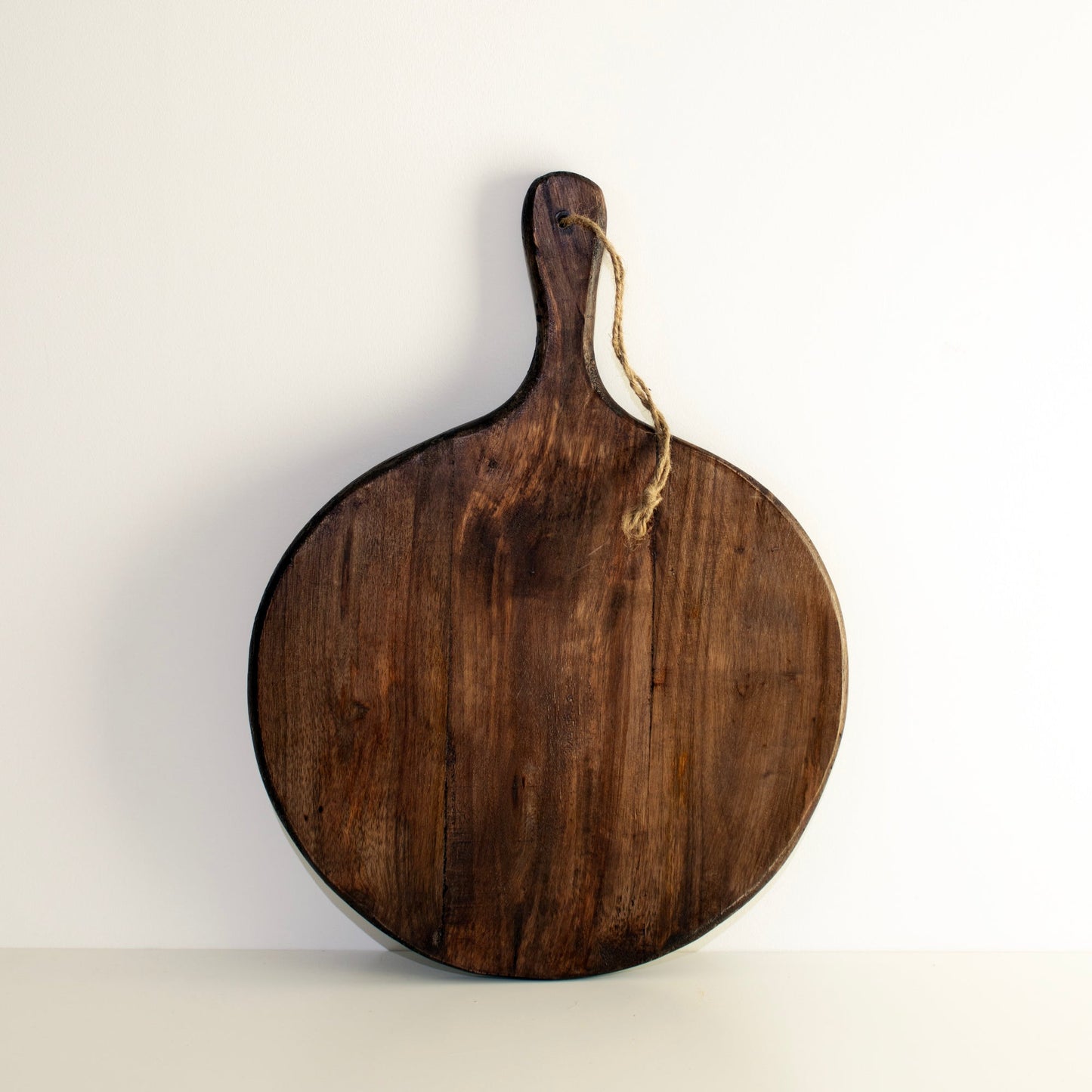 Irregular Round Dark Brown Mango Wood Chopping Board with Rope Handle