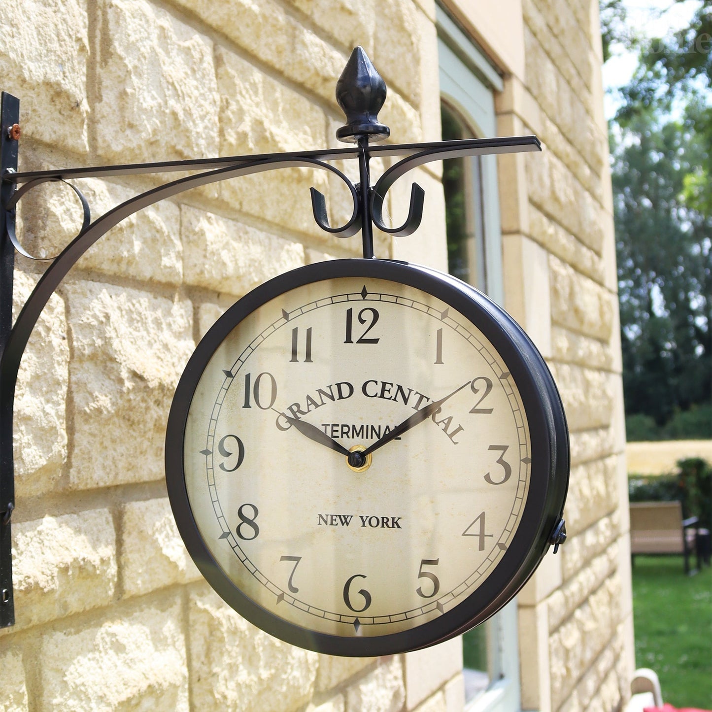 Double-Sided Black Outdoor Clock with Grand Central Design