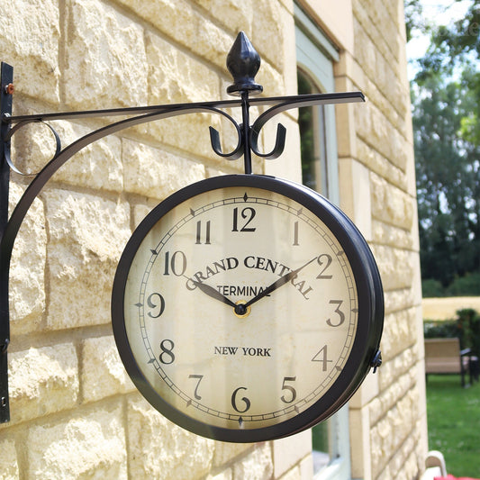 Double-Sided Black Outdoor Clock with Grand Central Design