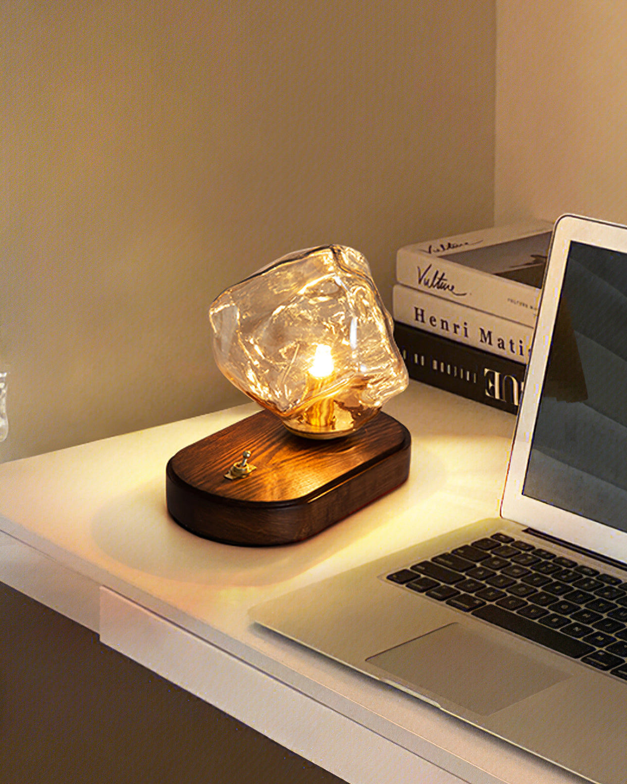 Amber Glass and Wood Table Lamp