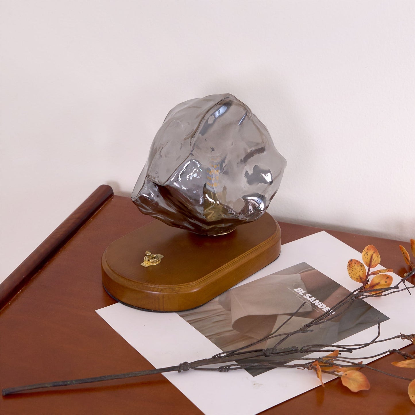 Amber Glass and Wood Table Lamp
