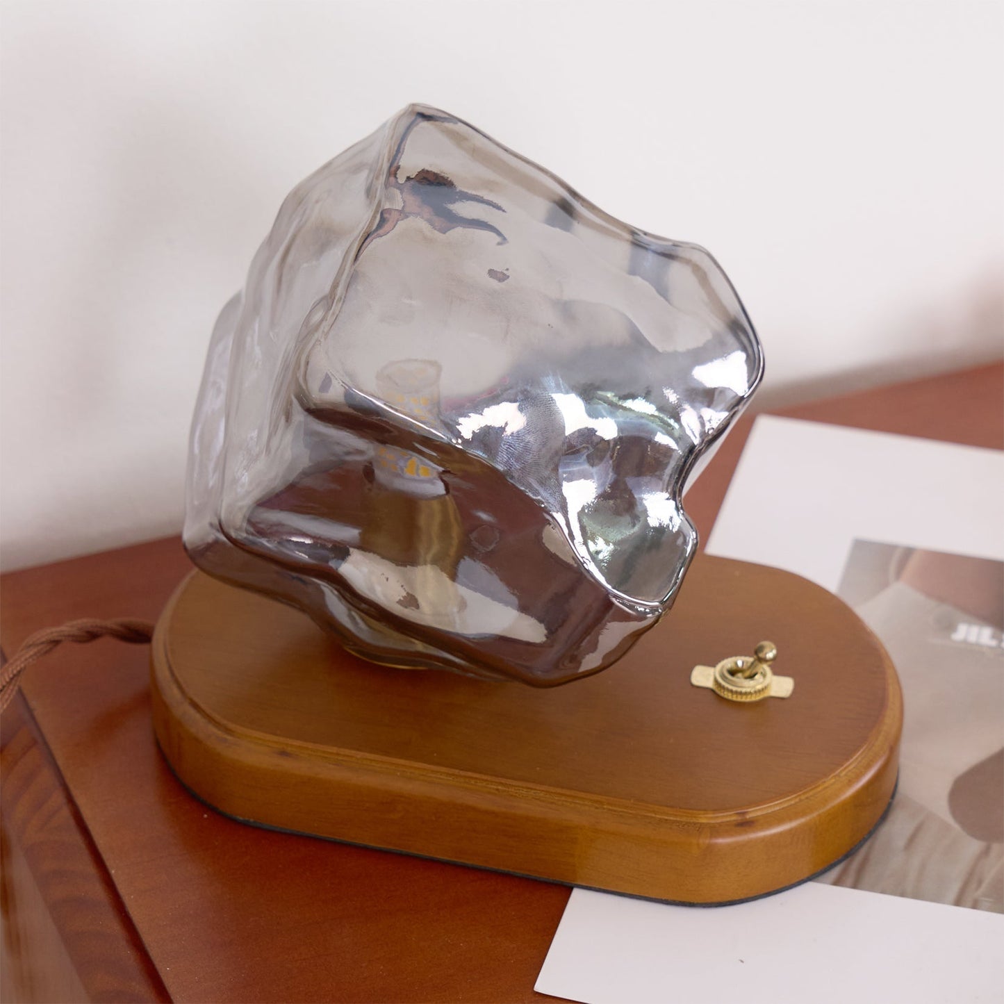 Amber Glass and Wood Table Lamp