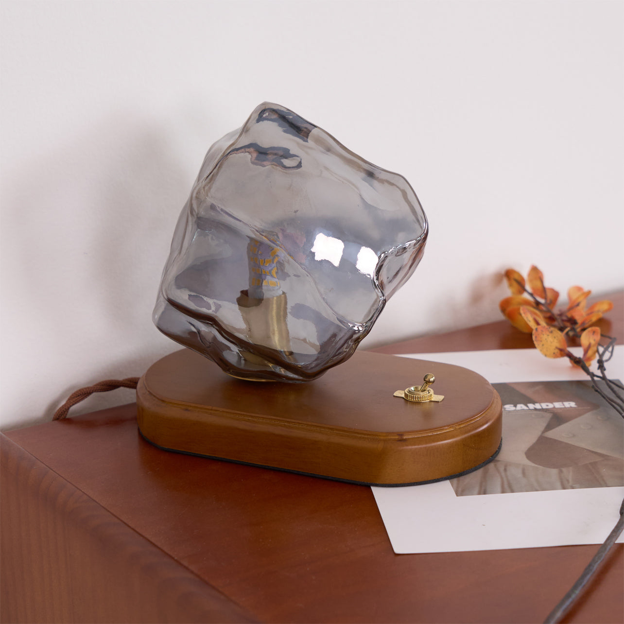 Amber Glass and Wood Table Lamp