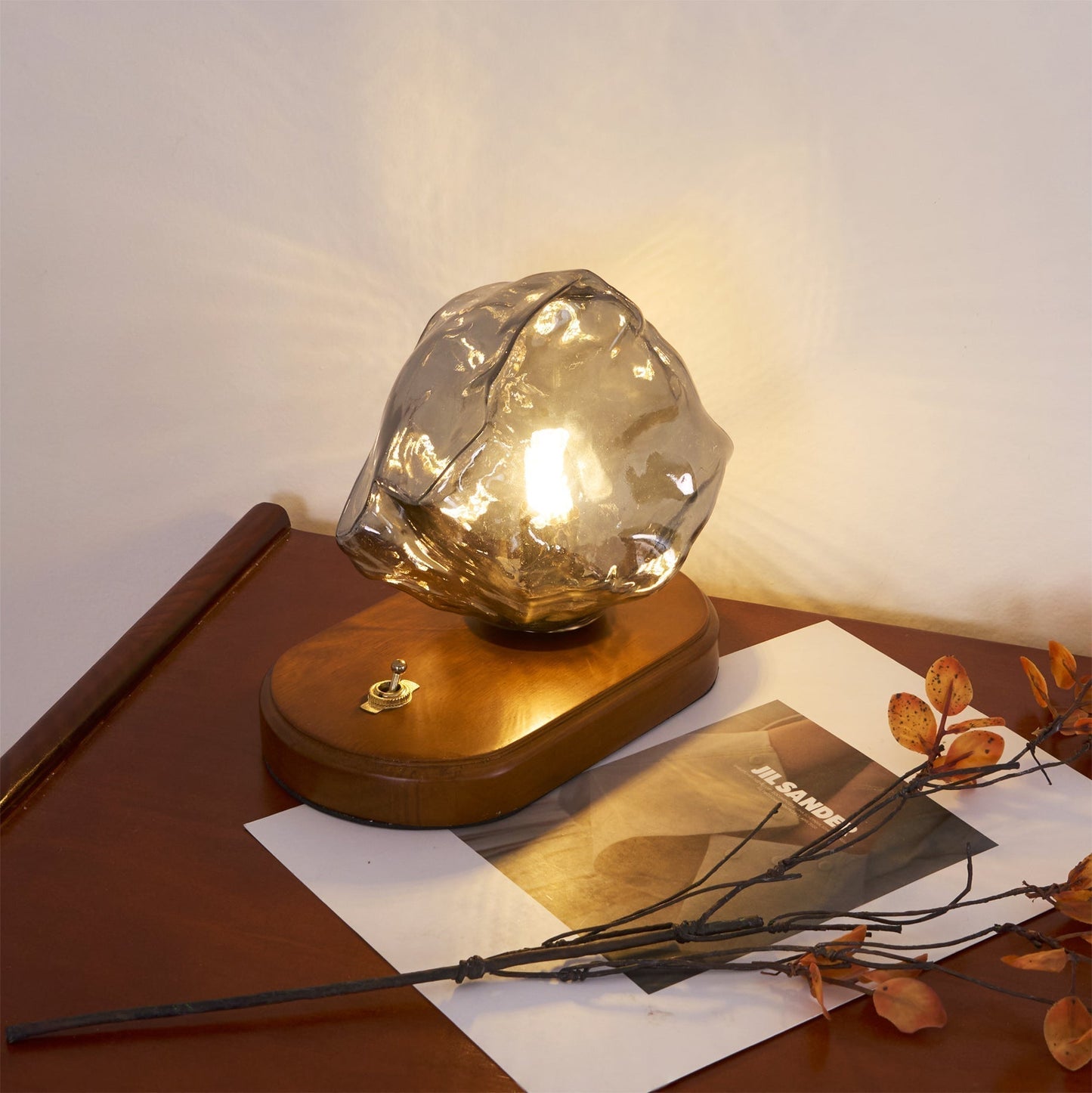 Amber Glass and Wood Table Lamp