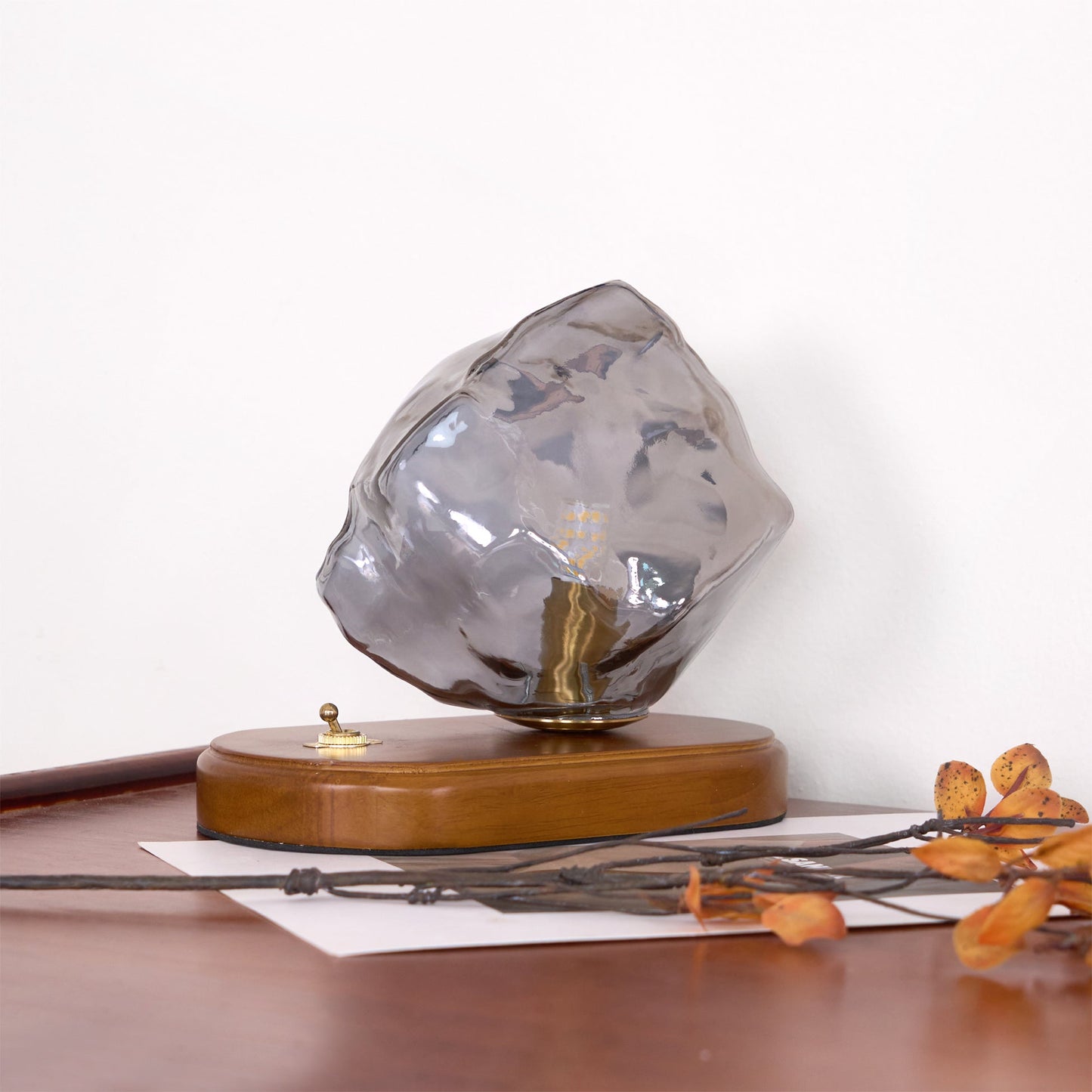 Amber Glass and Wood Table Lamp