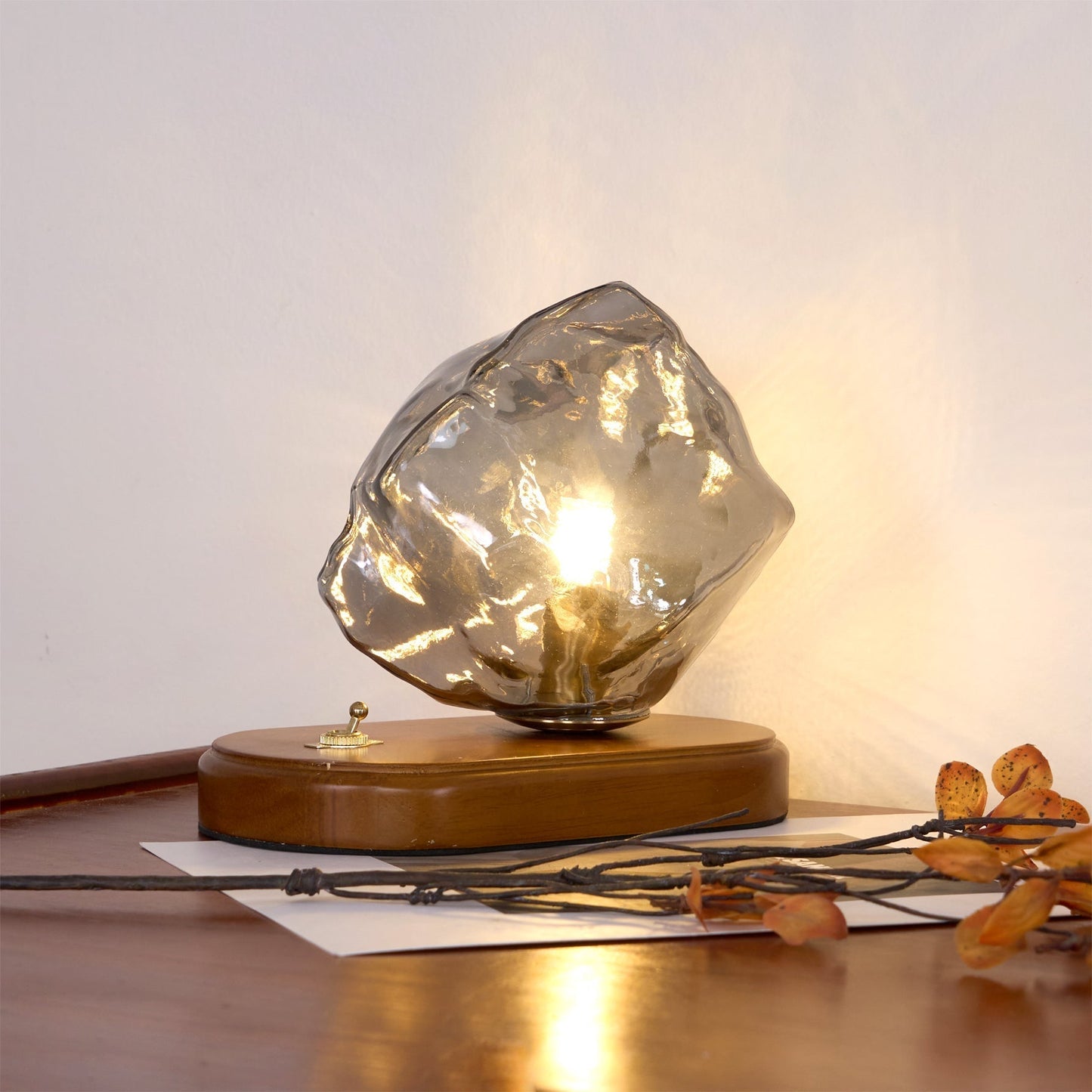 Amber Glass and Wood Table Lamp