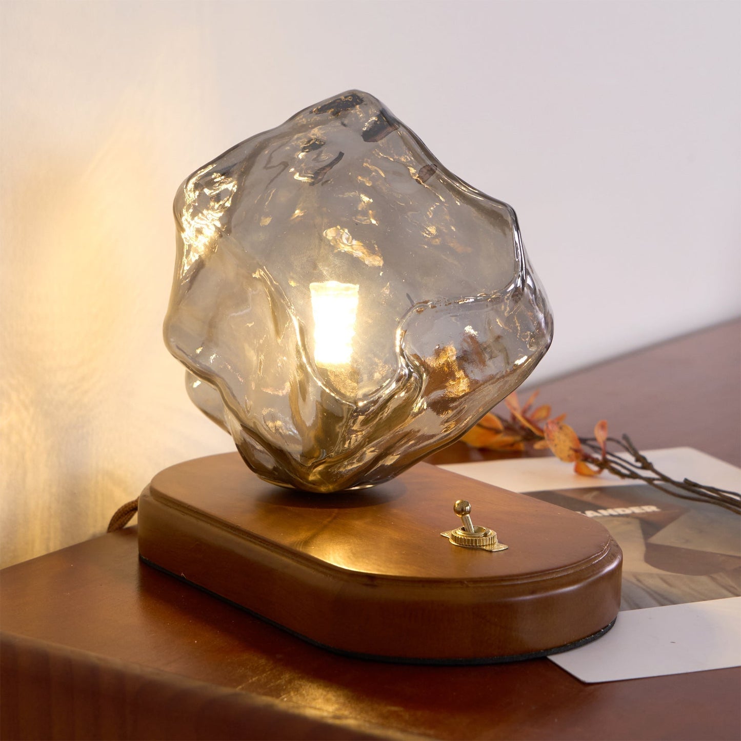 Amber Glass and Wood Table Lamp