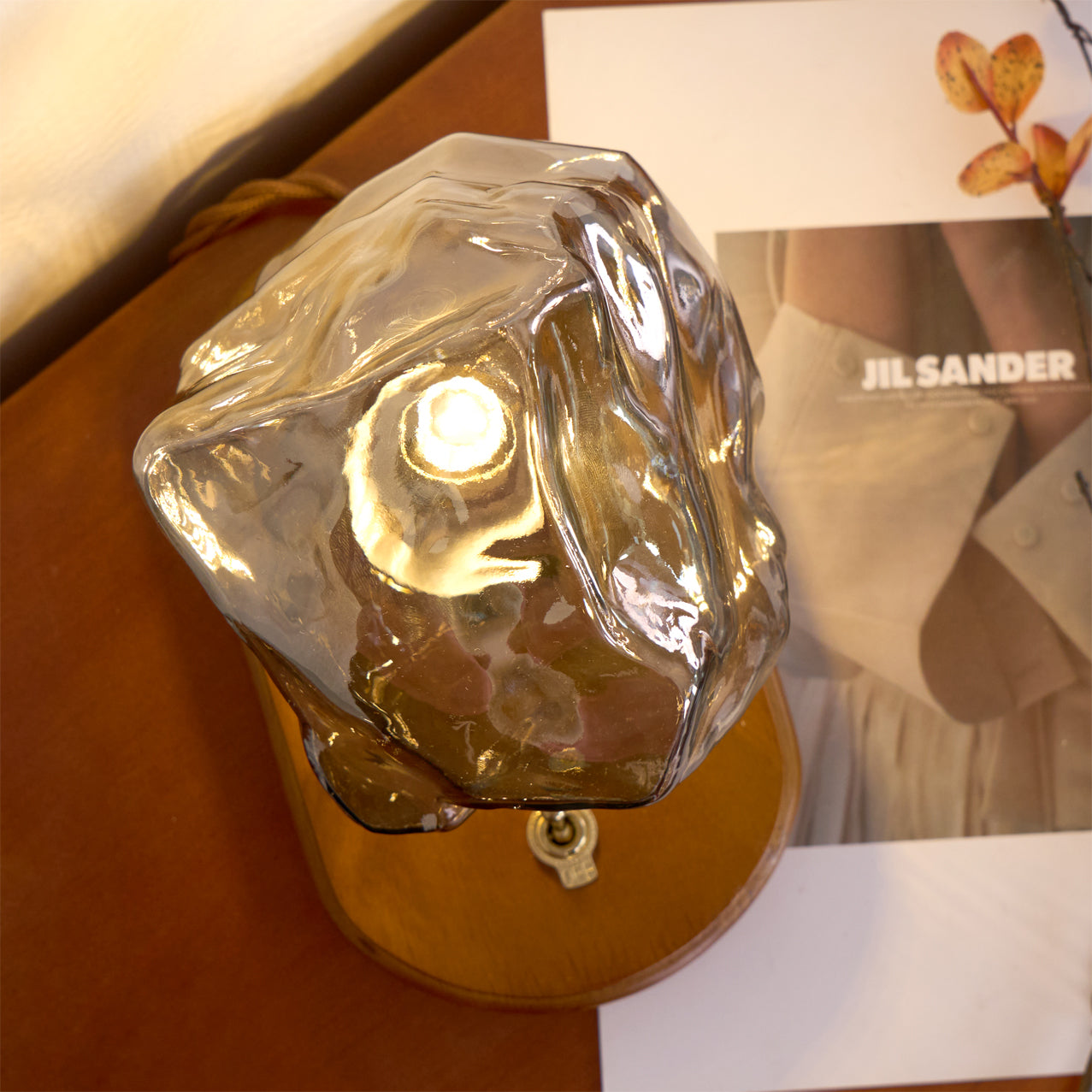 Amber Glass and Wood Table Lamp