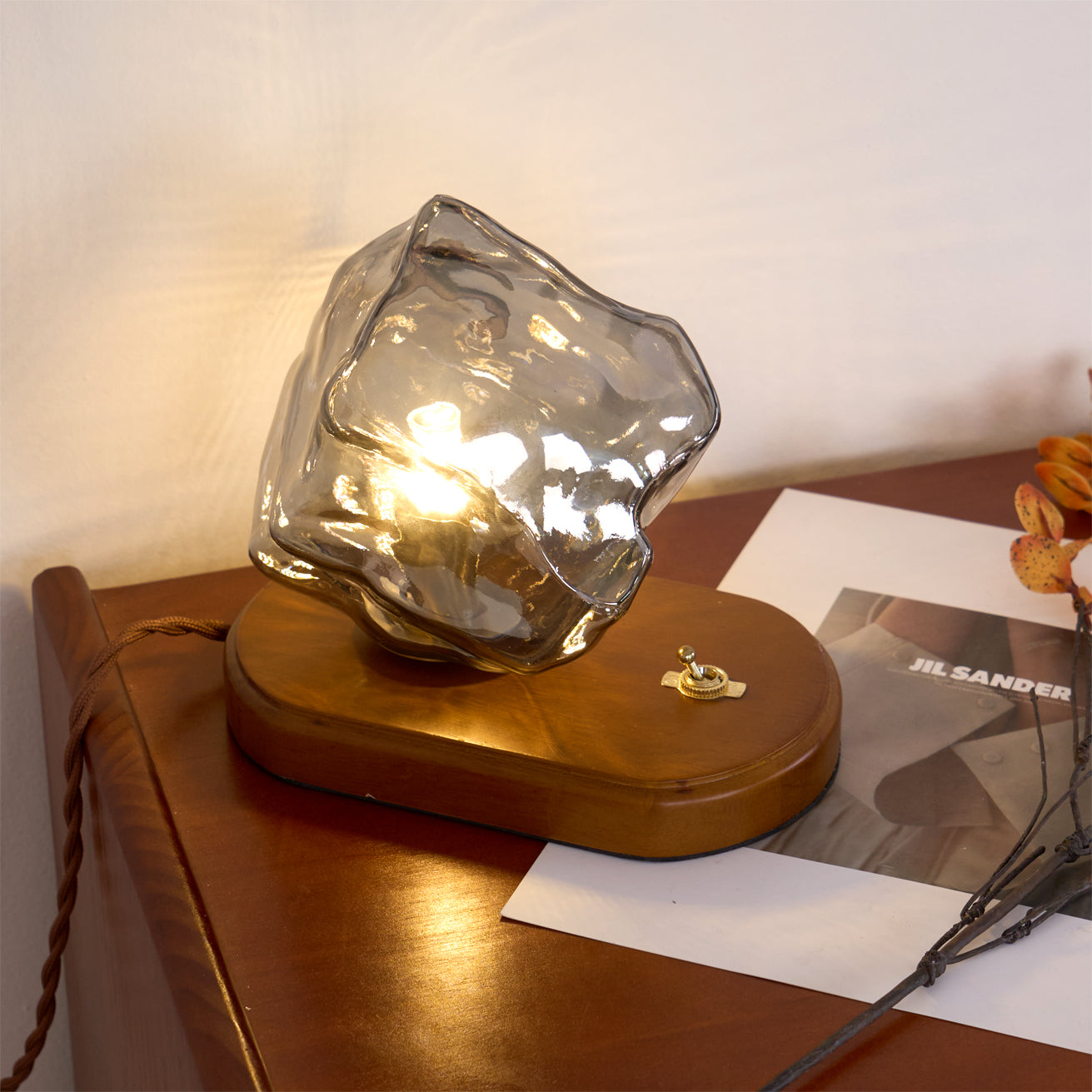 Amber Glass and Wood Table Lamp