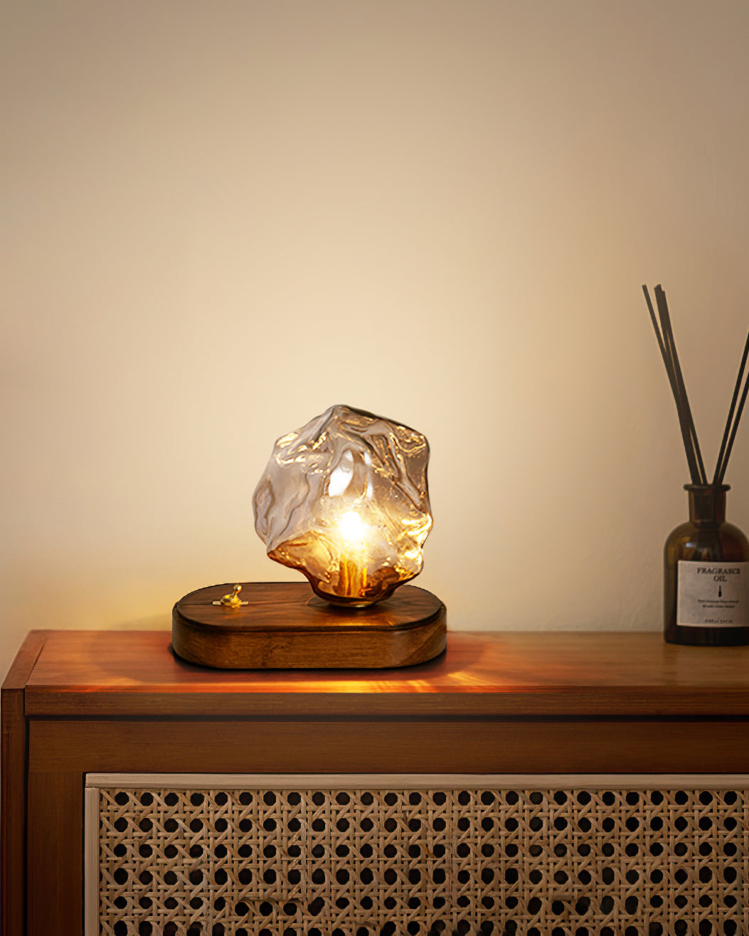 Amber Glass and Wood Table Lamp