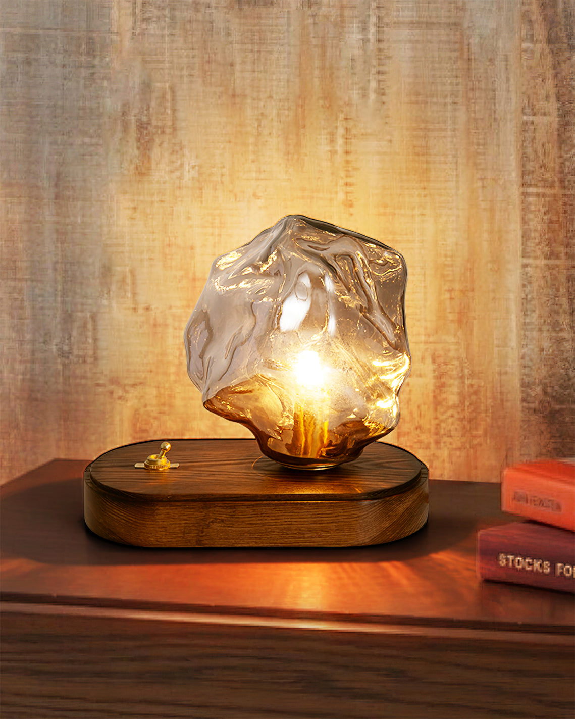 Amber Glass and Wood Table Lamp