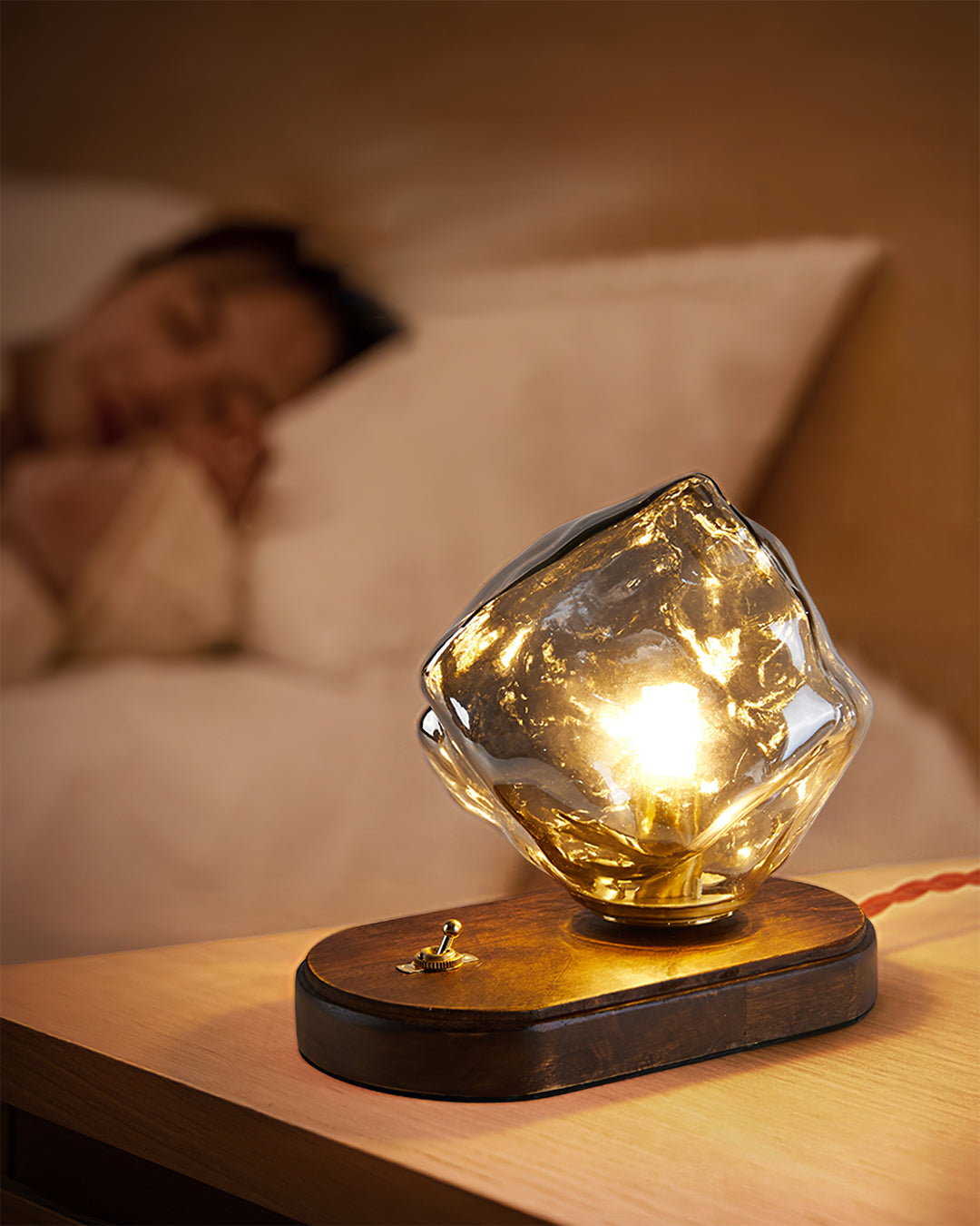 Amber Glass and Wood Table Lamp