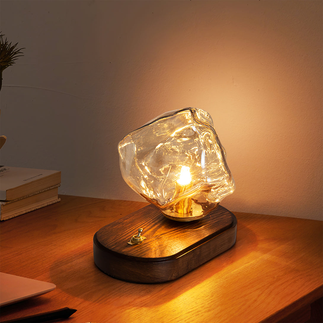 Amber Glass and Wood Table Lamp