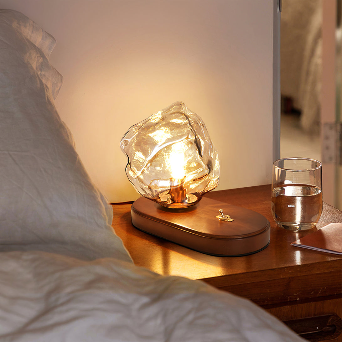 Amber Glass and Wood Table Lamp