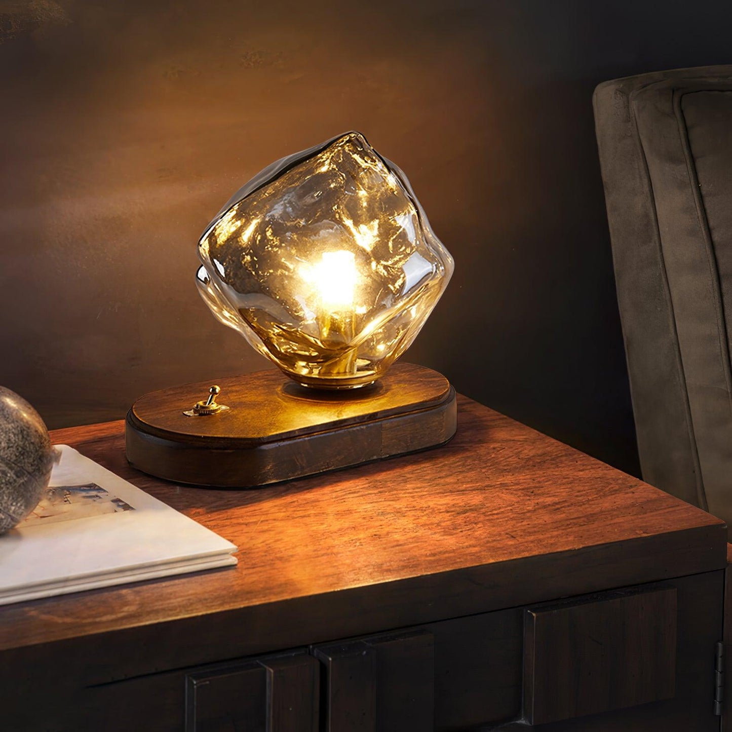 Artisan-Blown Glass Block Table Lamp with Timber Base