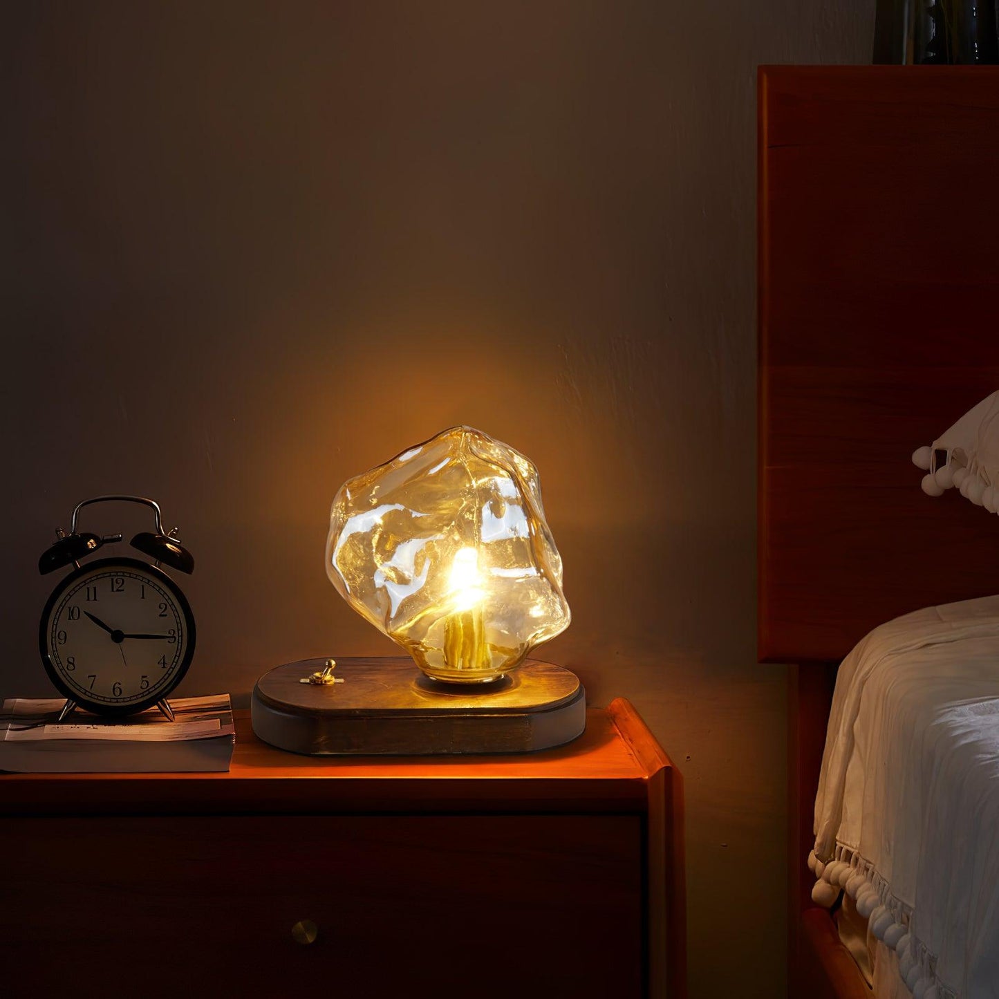 Artisan-Blown Glass Block Table Lamp with Timber Base