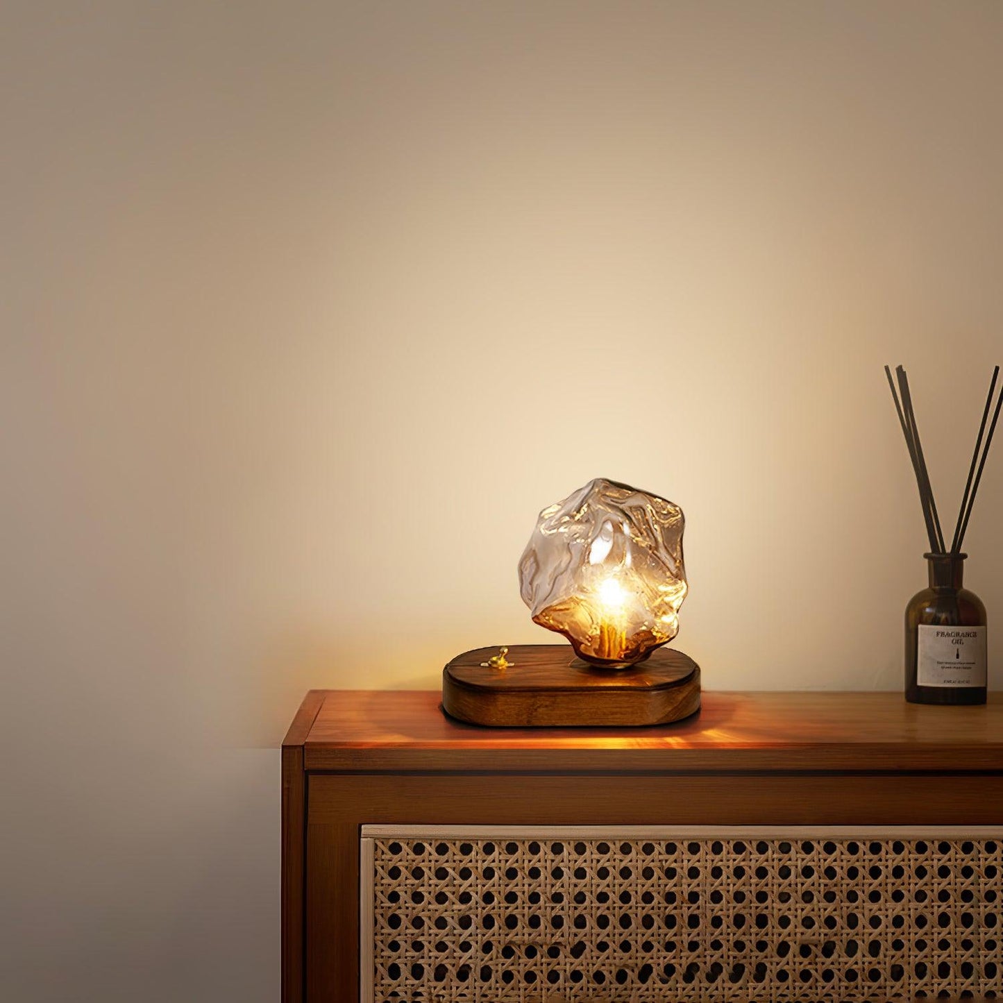 Artisan-Blown Glass Block Table Lamp with Timber Base