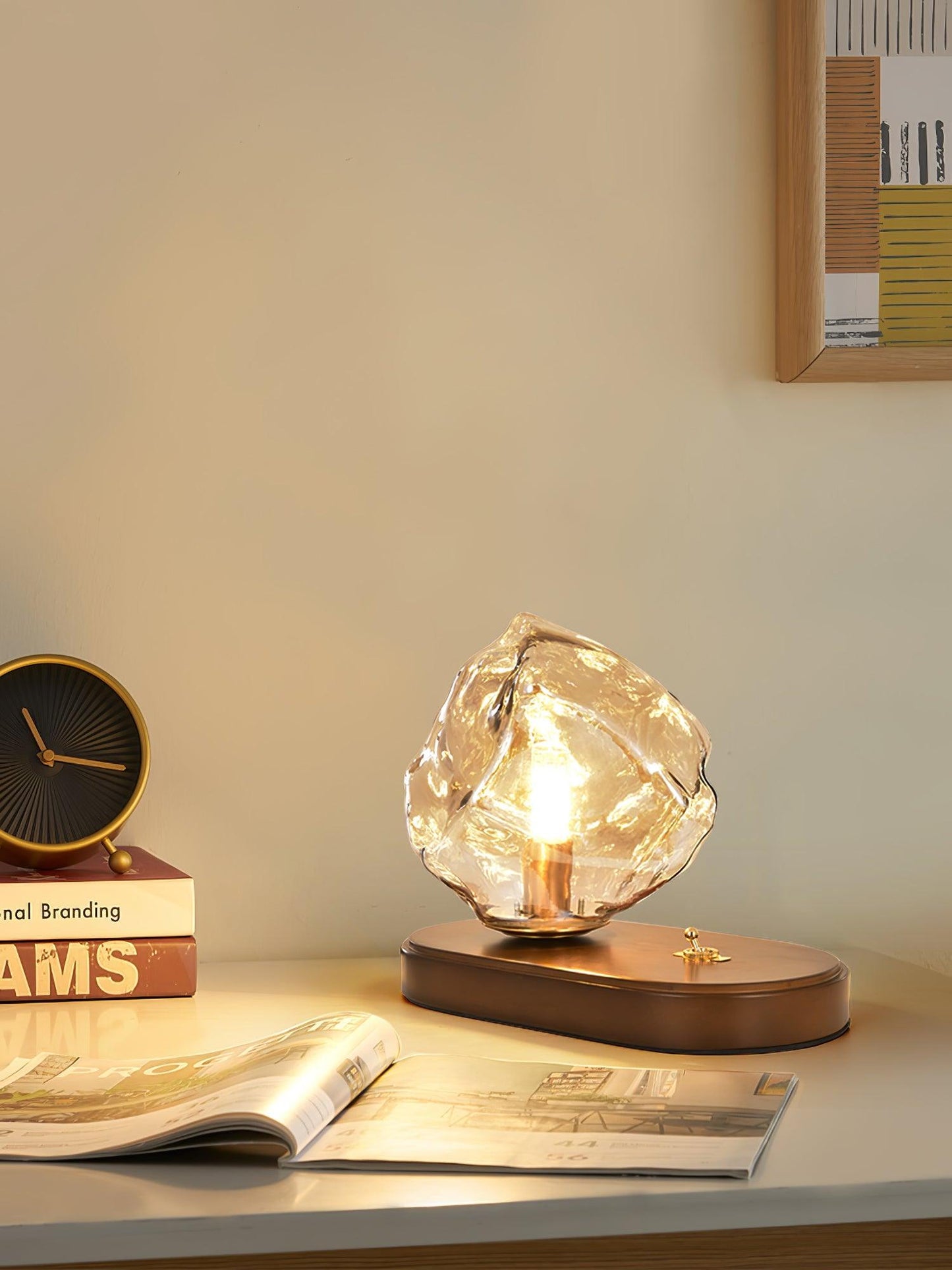 Artisan-Blown Glass Block Table Lamp with Timber Base