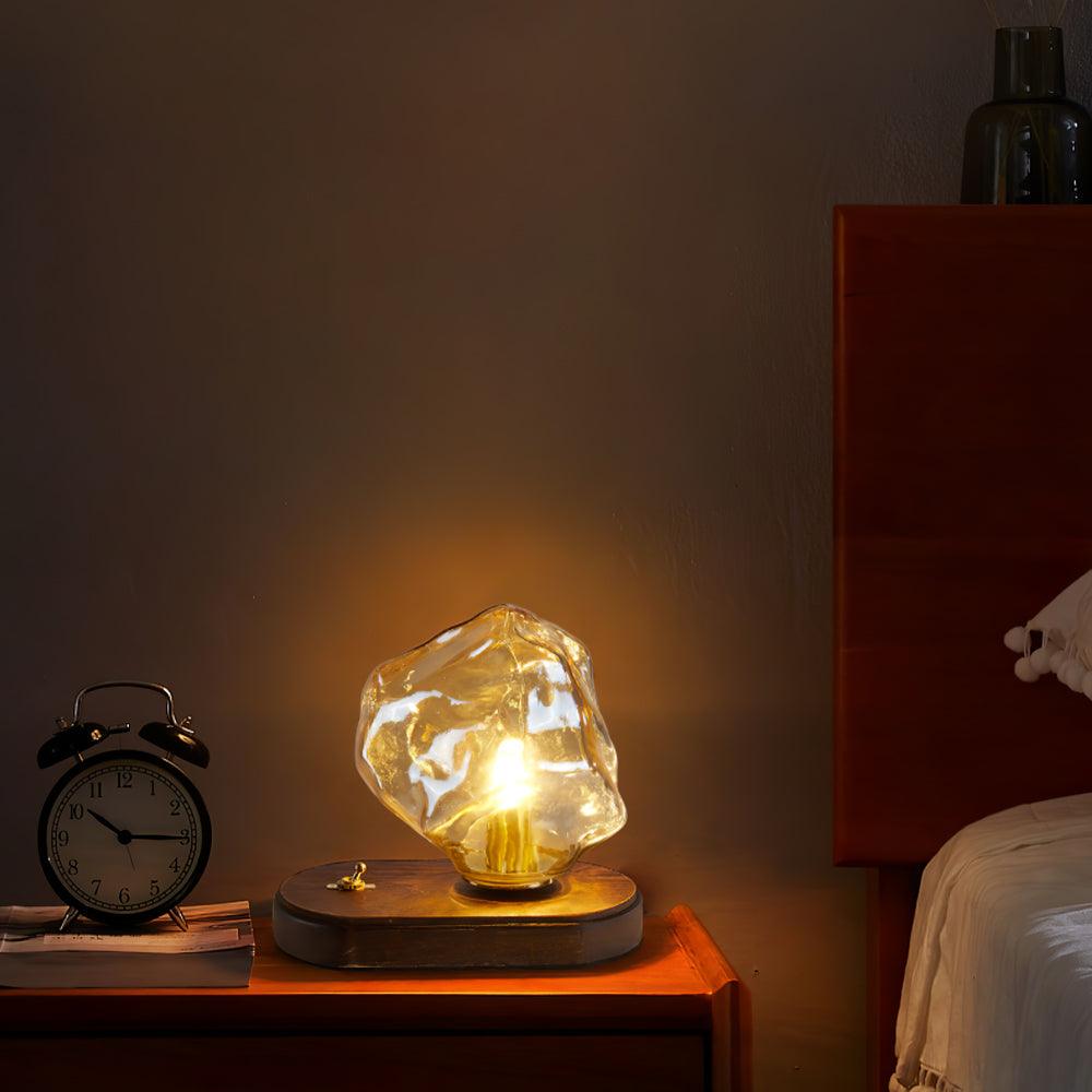 Artisan-Blown Glass Block Table Lamp with Timber Base
