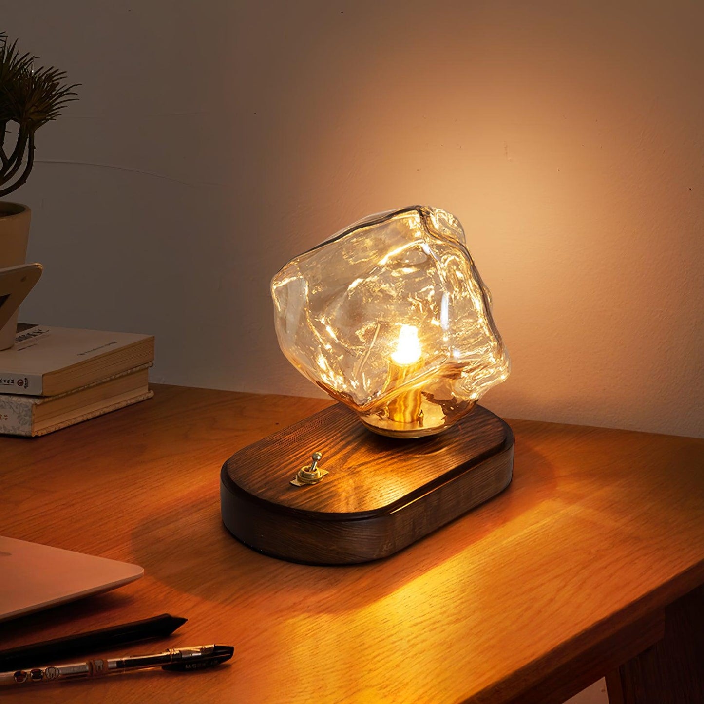 Artisan-Blown Glass Block Table Lamp with Timber Base
