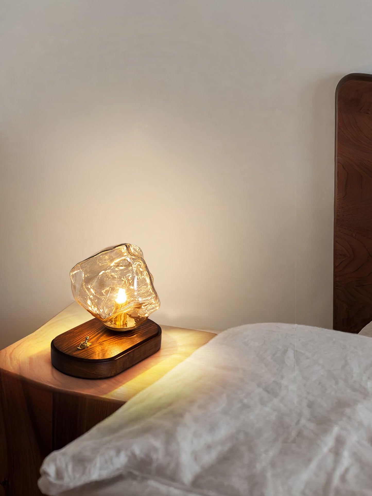 Artisan-Blown Glass Block Table Lamp with Timber Base