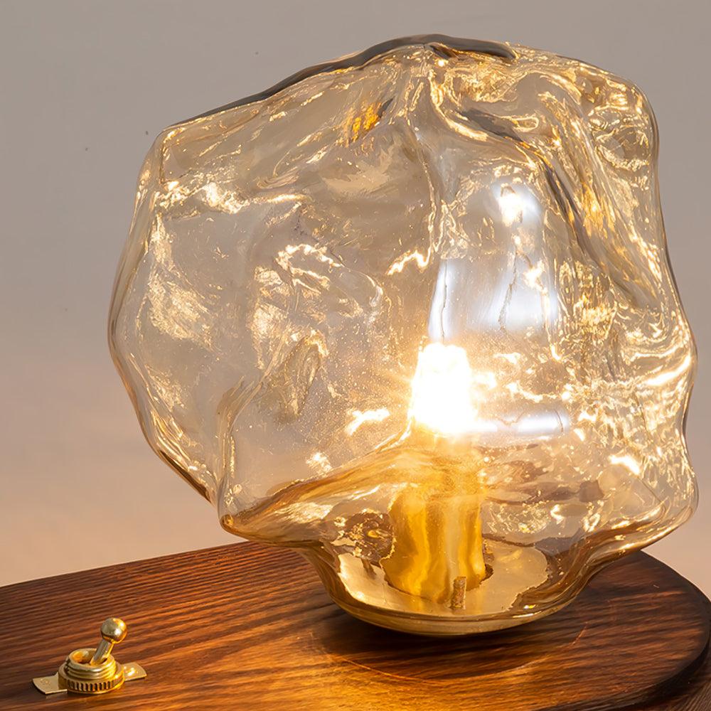 Artisan-Blown Glass Block Table Lamp with Timber Base
