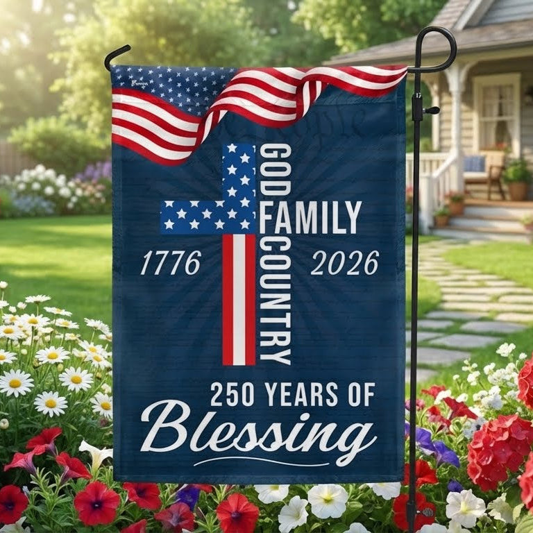 250 Years of Blessing God Patriotic Flag - Double-Sided Canvas, 3 Sizes Available
